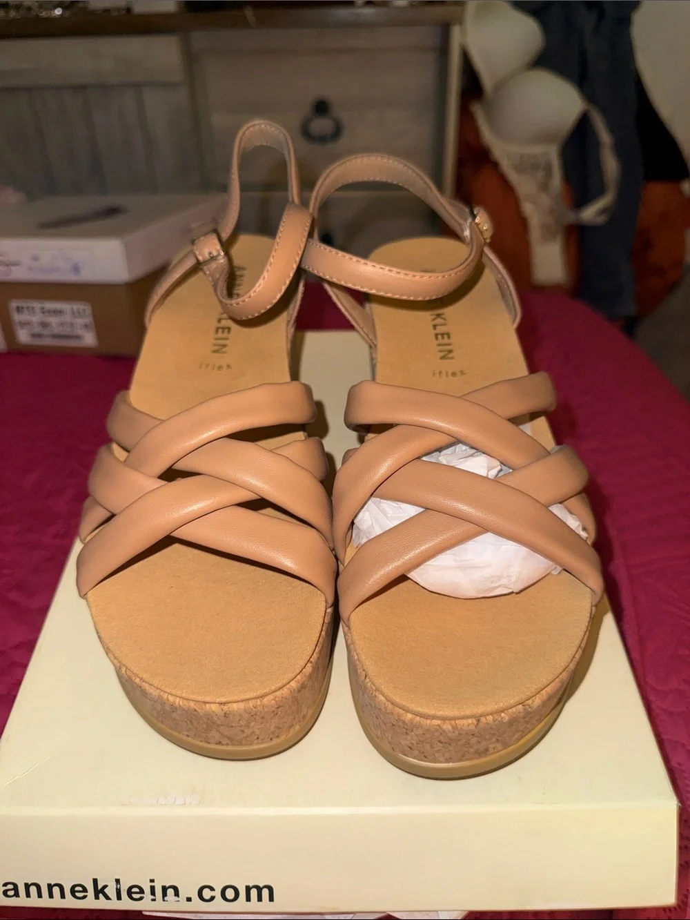 Anne Klein Nude/Tan Cork Platform Sandals with Crisscross Straps